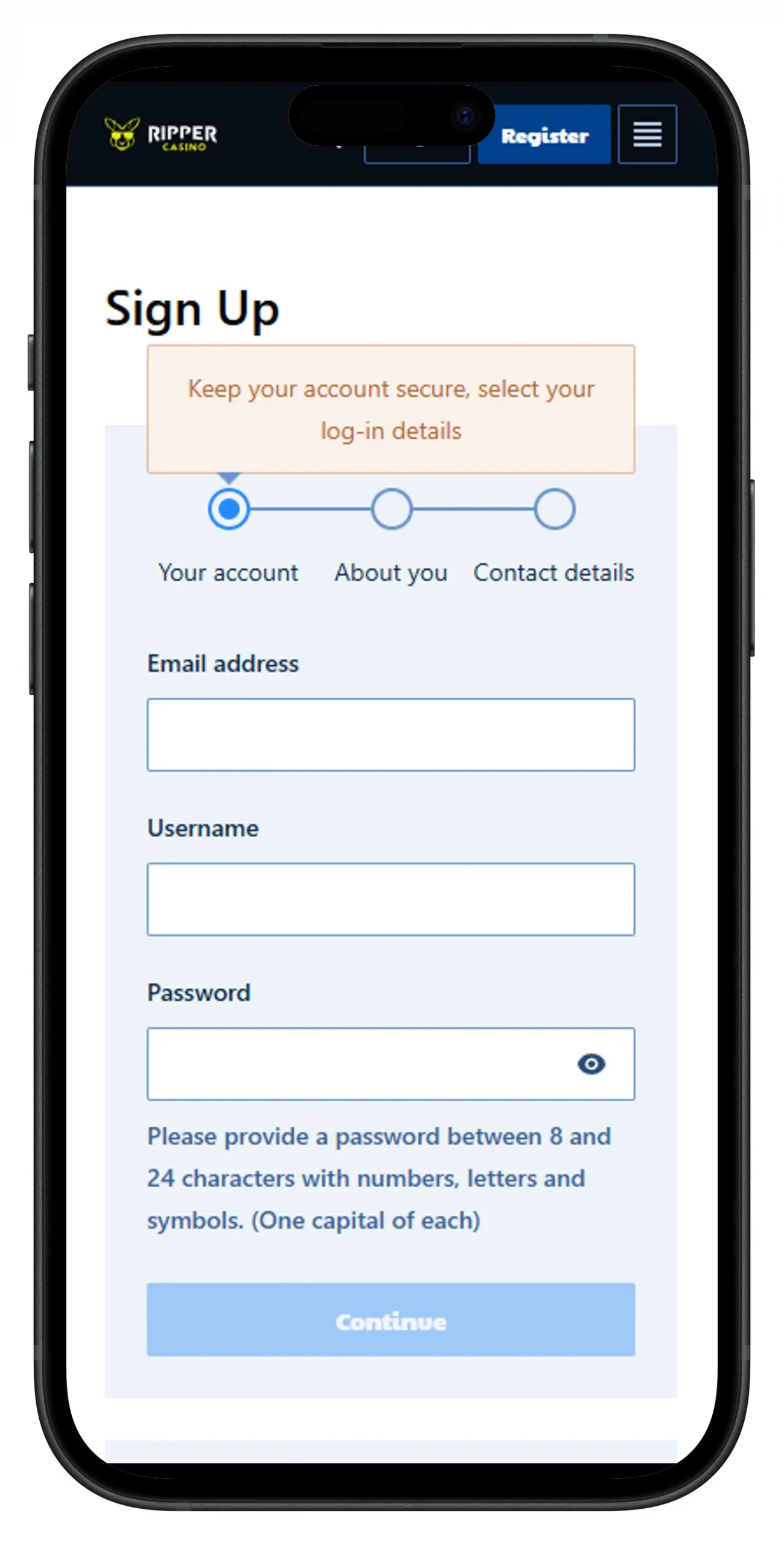 Ripper Casino Registration Process from a Mobile Device